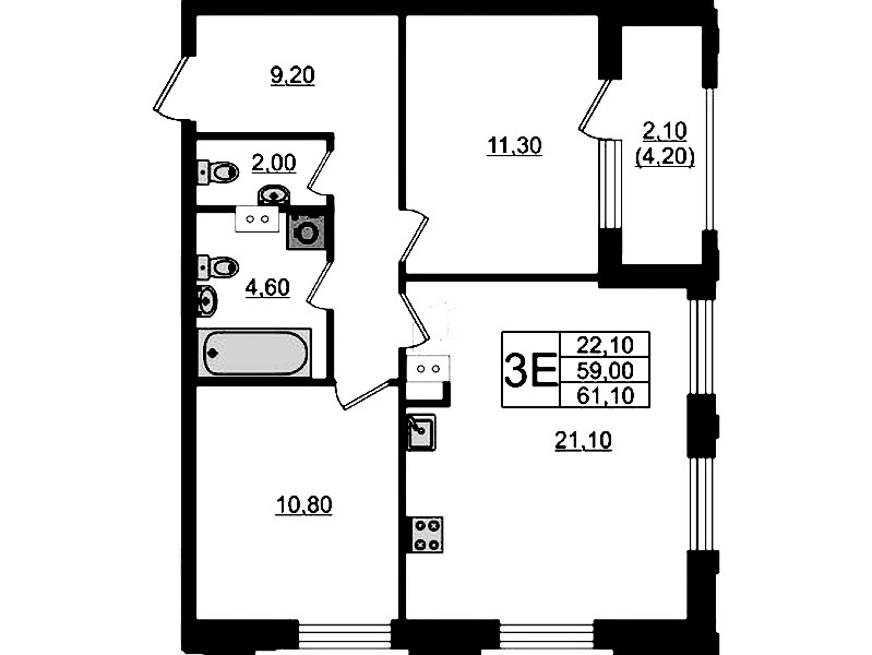 2-комнатная квартира 61.1 м², 9/13 эт., ЖК «Тайм Сквер»
